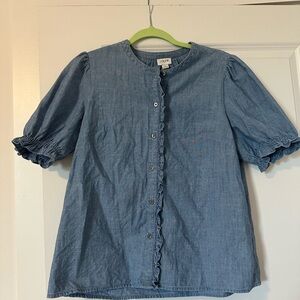 J. Crew Denim Chambray Ruffle Button Down Blouse Size Medium 100% Cotton